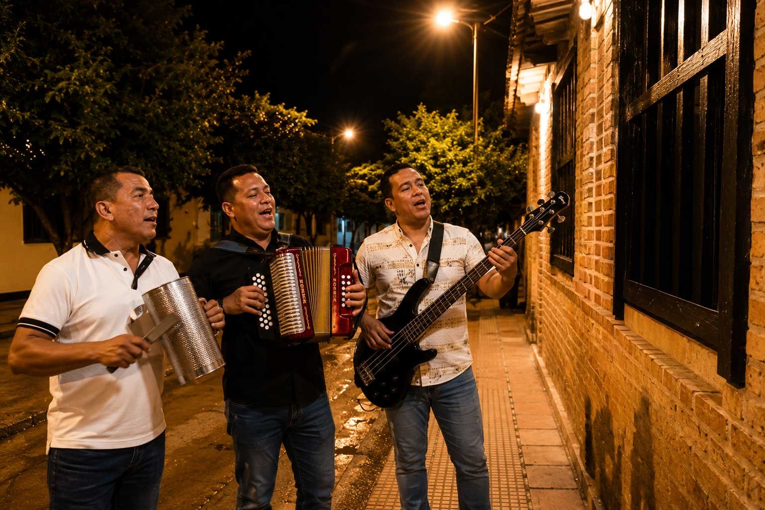 serenata vallenata grupo de musica tocando frenta a una calle vallenatour